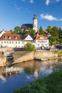 City view with Unser lieben Frauen auf dem Berge church and fish stairway at the Zwickauer Mulde