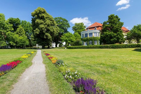 Colourful blooming flower beds in the castle park with the New Castle in the background, Pulsnitz,
