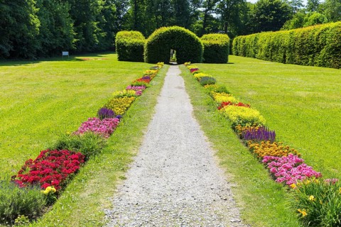 Colourful blooming flower beds in Pulsnitz Castle Park, Saxony, Germany