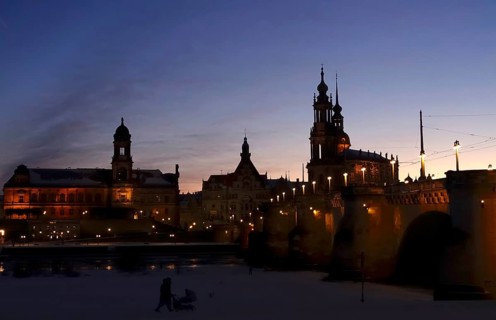 Dresden Old Town, Court Church and Castle, winter evening, Saxony, Germany