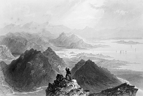 View from above, wild mountain landscape around Bantry Bay, County Cork, Ireland, small rock