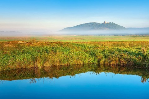 Landscape with lake in morning light, fog over the fields, the ruins of Gleichen Castle in the