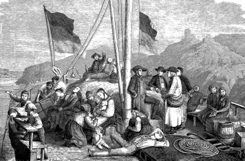 Emigrants on a ship on the Rhine, Germany, woodcut from 1864