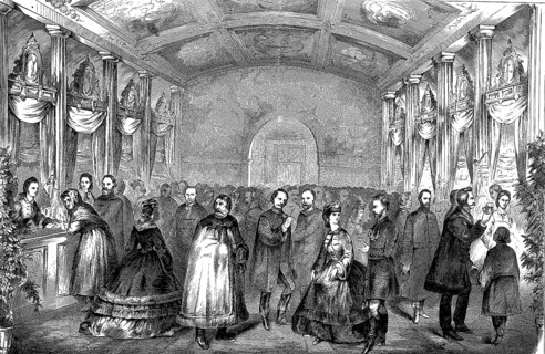 Charity bazaar of Hungarian housewives in Pesth, Hungary, woodcut from 1864