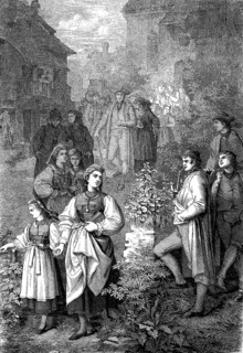 Betzingen farmers on Sunday morning after church, Betzingen, Baden-Württemberg, Germany, woodcut