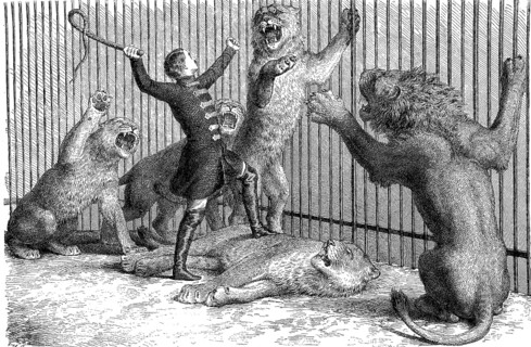 Thomas Batty, 1832-1903, English tamer and circus owner and his lions, woodcut from 1864