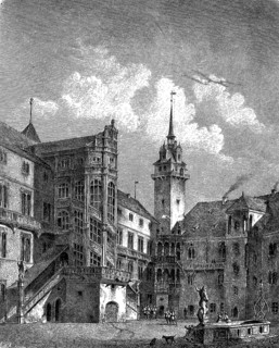 Hartenfels Castle in Torgau, Saxony, Germany, woodcut from 1864