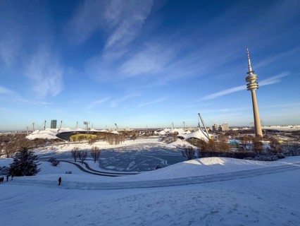 Olympic site with snow in winter, park with Olympic lake and television tower, Olympic Tower,
