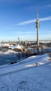 Olympic site with snow in winter, park with Olympic lake and television tower, Olympic Tower,