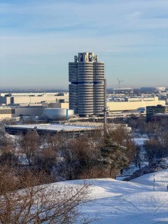 BMW four-cylinder skyscraper, Olympic Park with snow in winter, Munich, Bavaria, Germany