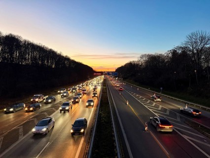 Cars driving on the motorway at sunset in the evening, Autobahn A96 Lindau, Munich, Bavaria,