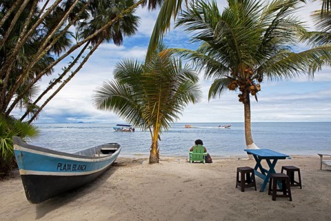 Sandy beach beach, coconut trees and boat at Playa Blanca, Izabal Department, Guatemala