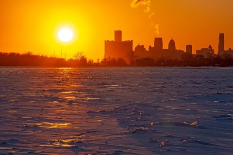 Detroit, Michigan USA - 4 February 2026 - The ice-choked Detroit River near downtown Detroit.