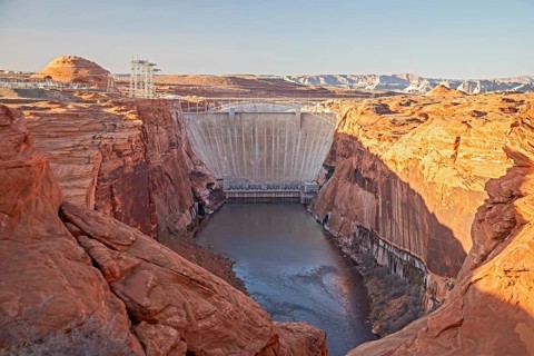 Page, Arizona - The downstream side of the Glen Canyon Dam. Lake Powell, the dam's reservoir, is