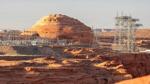 Page, Arizona - Electrical transmission equipment at the Glen Canyon Dam. The dam's water reservoir