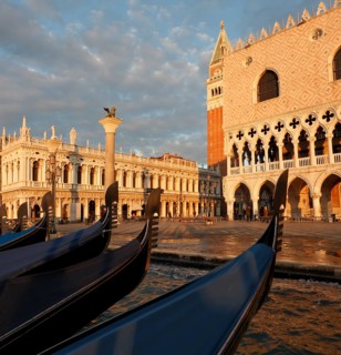 View from the water of the Doge's Palace and Piazzetta in the morning, Venice, Veneto, Italy