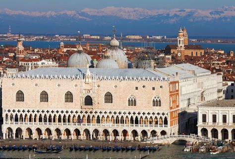 View of San Marco and the snow-capped Alps from Campanile San Gorgio di Maggiore, Venice, Veneto,