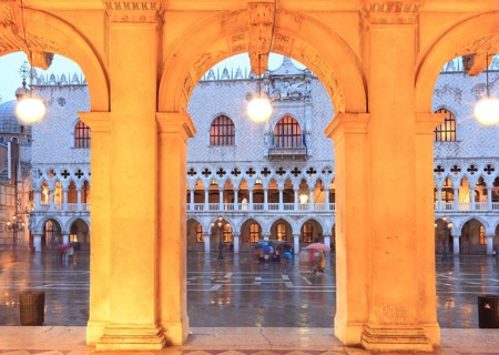 West façade of the Doge's Palace in the evening in rain, San Marco, Venice, Veneto, Italy