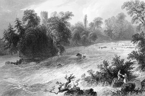 Donnass rapids on the Shannon River, Castleconnell Castle tower, County Limerick, Ireland, round