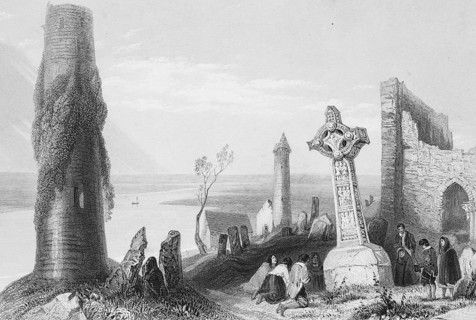 Ruins of the Clonmacnoise monastery complex with cemetery, Clonmacnoise on the Shannon River,