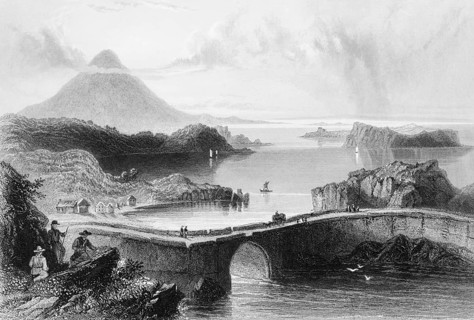 Lake Lough Conn, Loch Conn, County Mayo, Ireland, coastal landscape, stone bridge, rock islands,