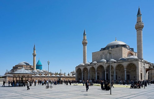 Large square in front of a mosque with people in a quiet atmosphere, Mevlana Museum, Mevlana,