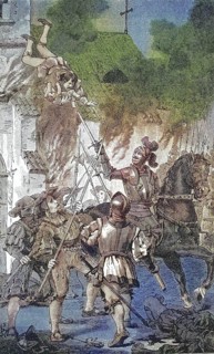 German Peasants' War, 1524-1526, A farmer and his child throw himself from the burning tower in