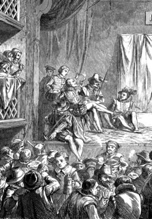 The stage in Shakespeare's time, woodcut from 1864