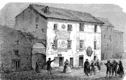 Christopher Columbus' birthplace in Cogoletto, Genoa, Italy, woodcut from 1864