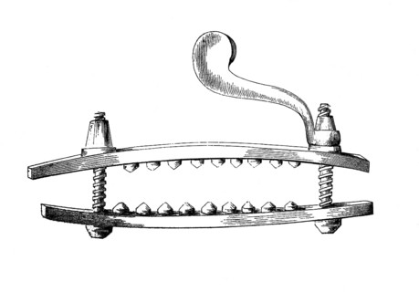Torture instrument: thumbscrews, thumb stick, woodcut from 1864