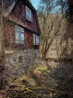 Abandoned old house in the forest, surrounded by trees and scrub, Frankenwald nature park Park