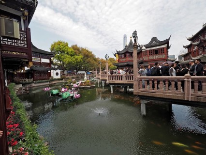 Bridge over a pond with historical background and buildings, Yuyuan Garden, Shanghai, China