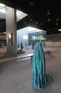 Statue of a veiled figure in the Lehmbruck Museum, self-portrait as a ghost by sculptor Alicja