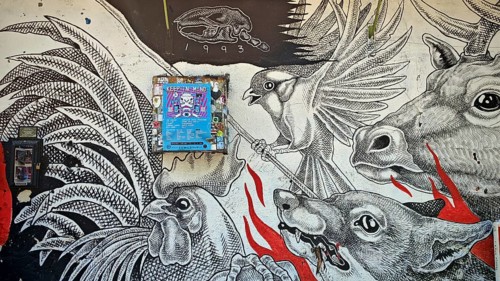 Graffiti, detailed black and white wall painting with animals and creative outdoor design,