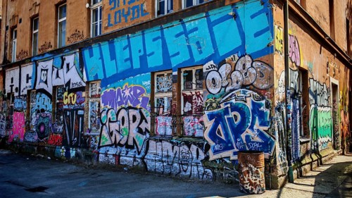 A wall decorated with colorful graffiti showing urban creativity and art, Ljubljana, Slovenia