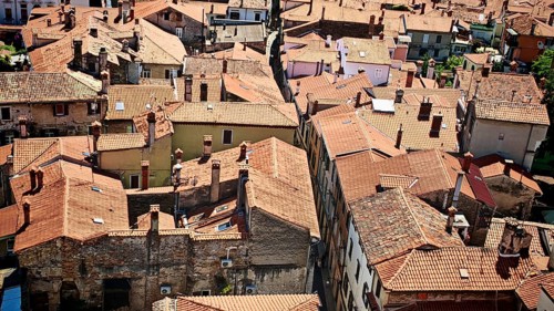 View over the rooftops of the old town of Koper with red tiles and narrow streets, Koper, Slovenia