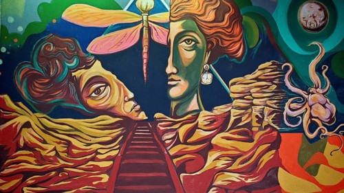 Surrealist work of art with abstract faces and an insect in intense colors, Skopje, North Macedonia
