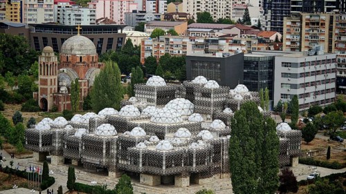 Unique building with domes in an urban environment, National Library, Pristina, Kosovo