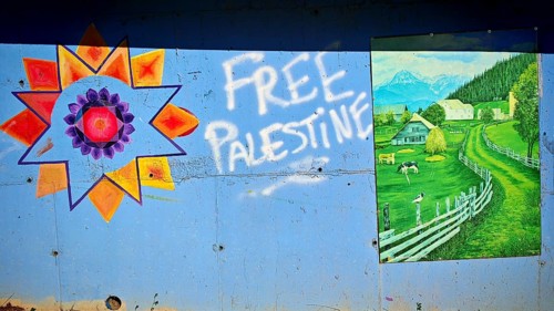 Wall art with graffiti free Palestine and a picture of a green landscape with houses and mountains,
