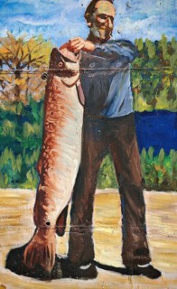 Painting of a man holding a big fish against a wooded background, Montenegro