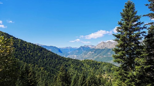 Wooded mountain landscape mountain range in the background under bright sky and sunshine, Peaks of