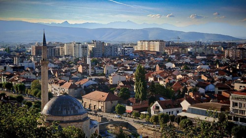 Panoramic view of a city with mosque and background mountains, Prizren, Kosovo