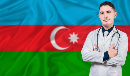 Portrait of medical professional on Azerbaijan flag background. Azerbaijani national health system