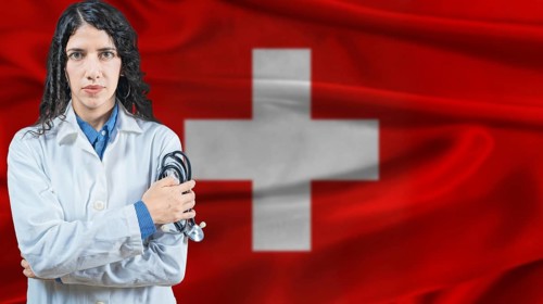Swiss national health system, Medical professional on Switzerland flag background