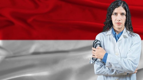 Monegasque national health system, Medical professional on Monaco flag background
