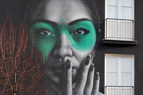Portrait of a Eurasian woman, Rasimin, mural by street artist Fin DAC, Düsseldorf, North