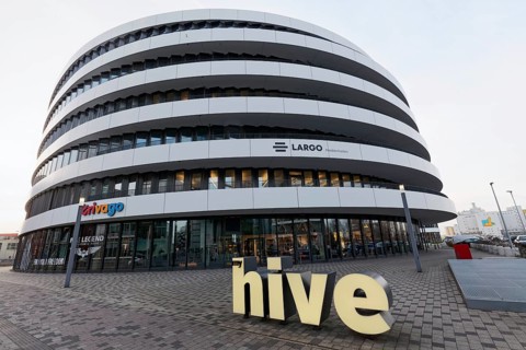 Largo office building with Hive logo, myhive offices, Medienhafen Düsseldorf, North