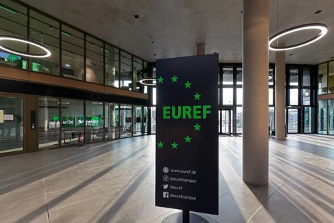 EUREF-Campus Düsseldorf, atrium with logo, European Energy Forum for Climate Protection and