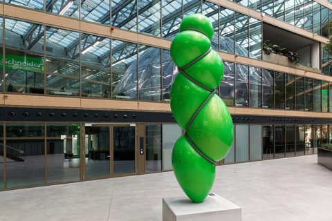 Blow up sculpture by sculptor Stephan Marienfeld, atrium of the EUREF Campus Düsseldorf, European