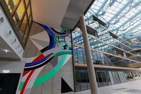 EUREF-Campus Düsseldorf, atrium with abstract mural, European Energy Forum for Climate Protection